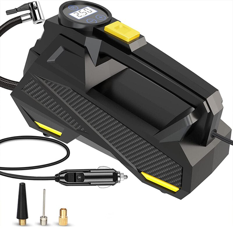 "Powerful 12V Car Tire Inflator with LED Light and Portable Design for Cars, Motorcycles and Bicycles"