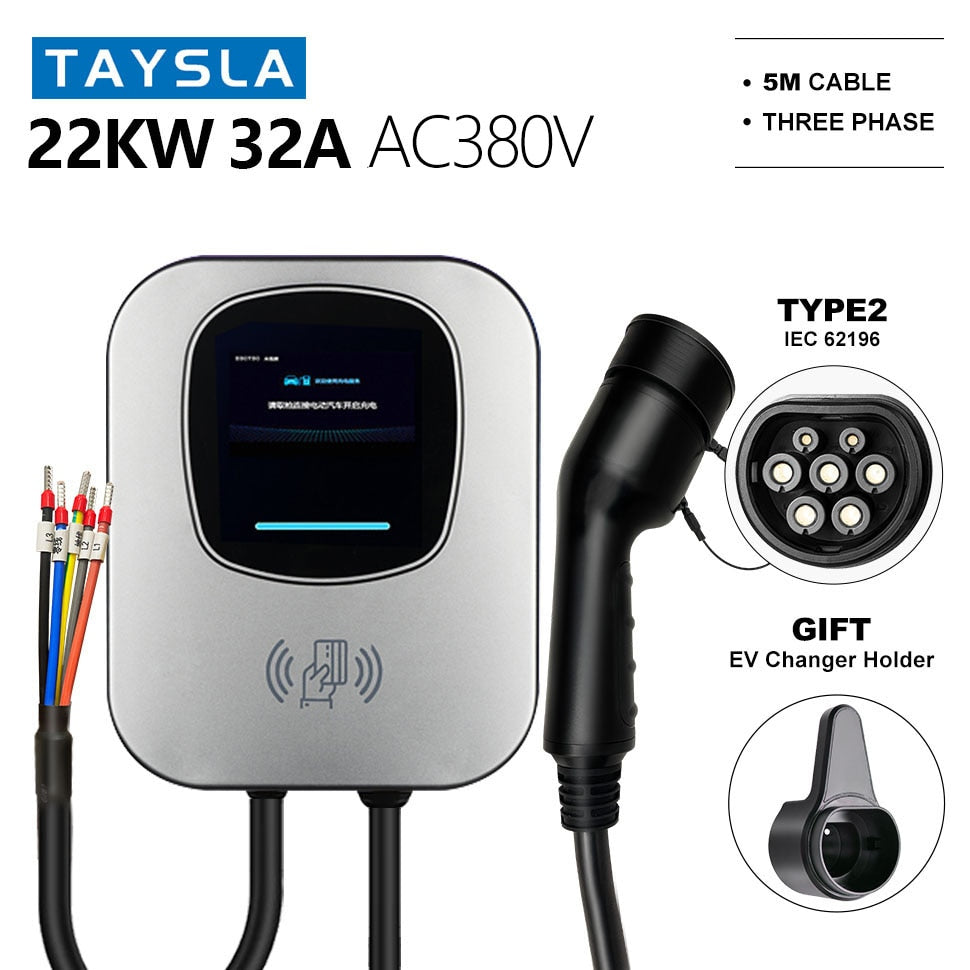 TAYSLA EV Charger 22kW | Wall-mounted Electric Car Charging Station with Charging Cable