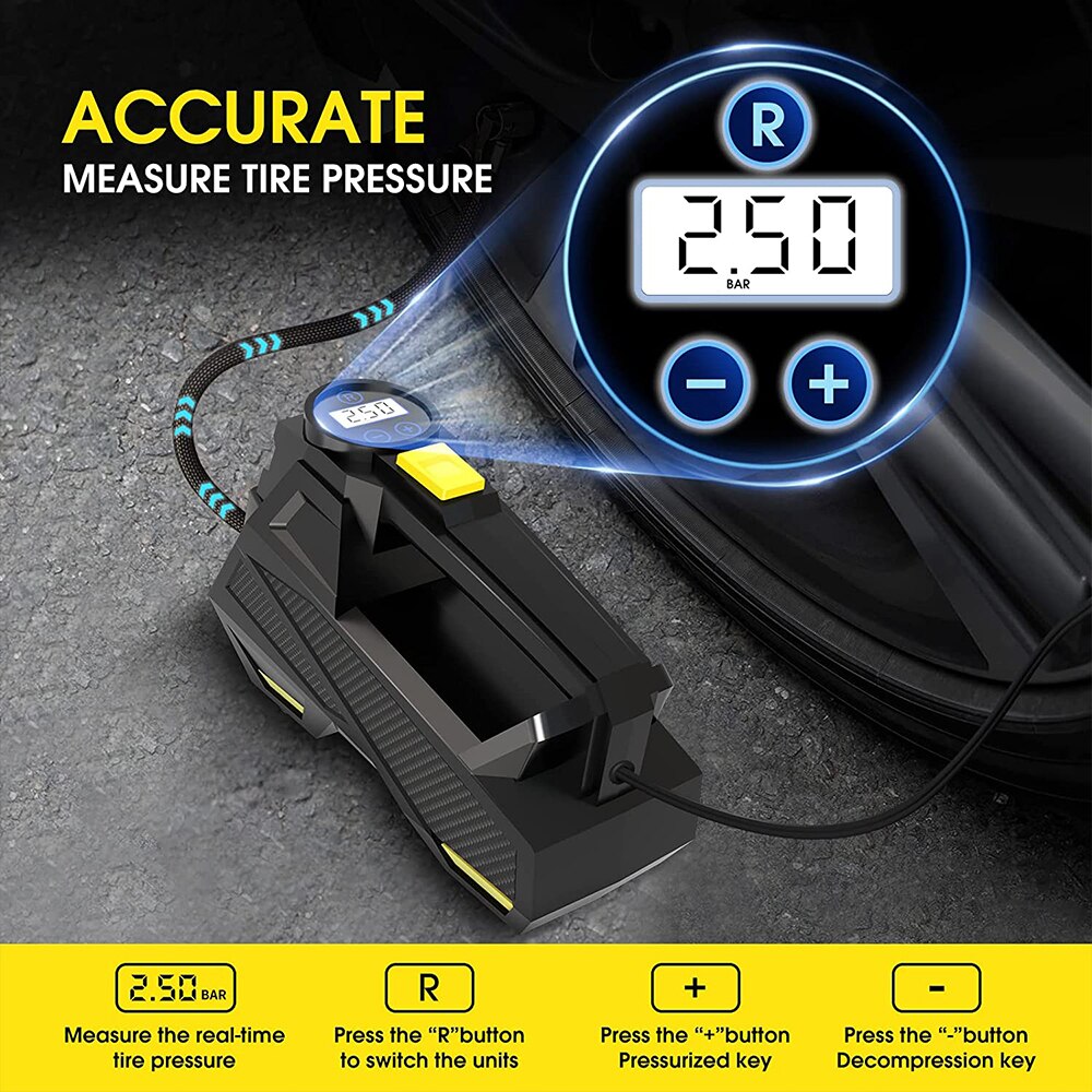 "Powerful 12V Car Tire Inflator with LED Light and Portable Design for Cars, Motorcycles and Bicycles"