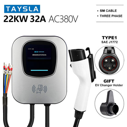 TAYSLA EV Charger 22kW | Wall-mounted Electric Car Charging Station with Charging Cable