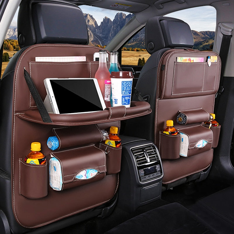 "Premium Car Back Seat Organizer with Foldable Table Tray, Tablet Holder, Tissue Box and Auto Accessories Storage"